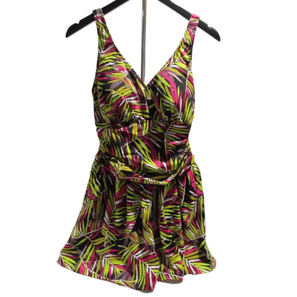 Denim & Co. Beach Ruched Flounce Swim Dress Size 10 Tropical Print Adjustable